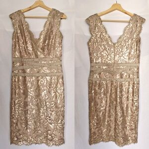Tadashi Sohji Paillette Embroidered Lace V-Neck Dress‎ Sleeveless 12 Golden Tan
